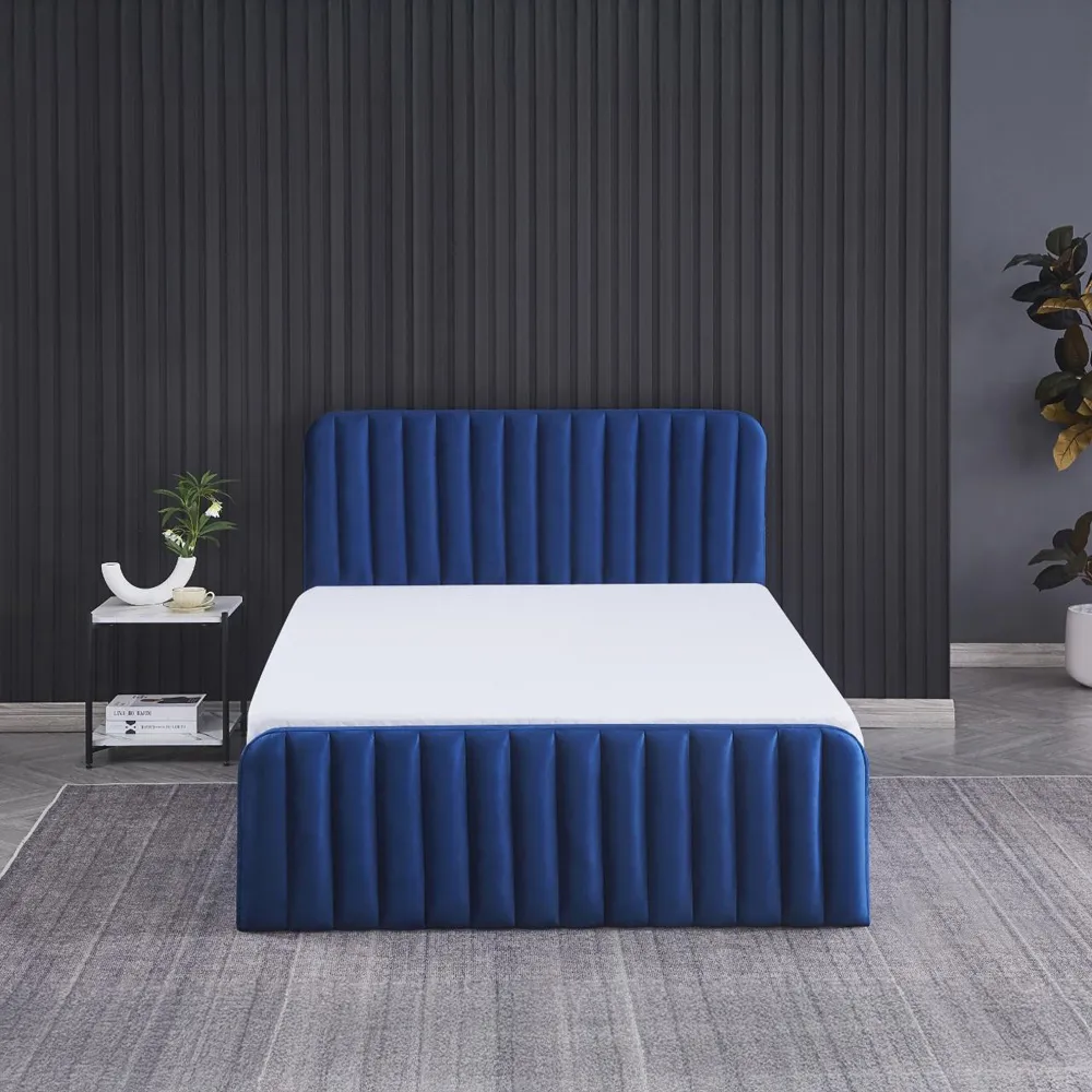 Small Double Ottoman Storage Bed - Blue, Velvet