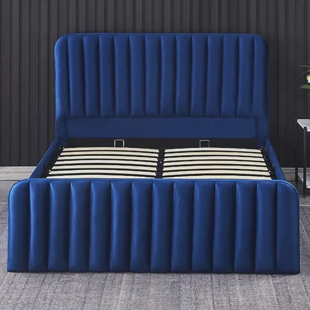 Small Double Ottoman Storage Bed - Blue, Velvet