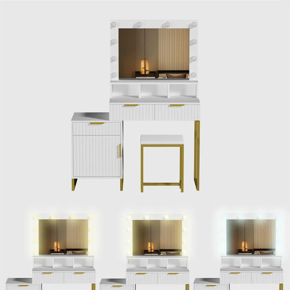 Zoey Single Door 3 Drawer Dressing Table Set with LED Mirror - White