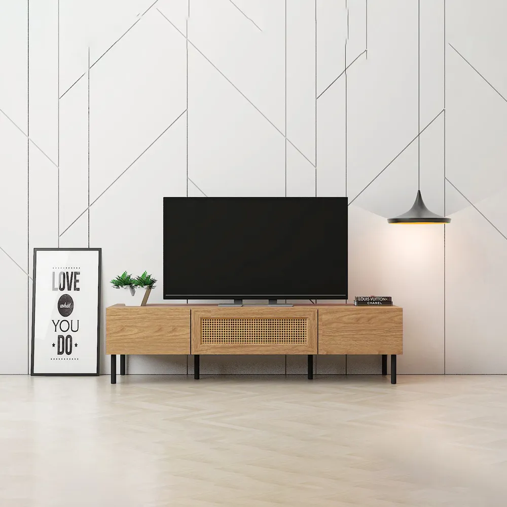 LV51 2 Door TV Unit with Rattan - Mid Oak