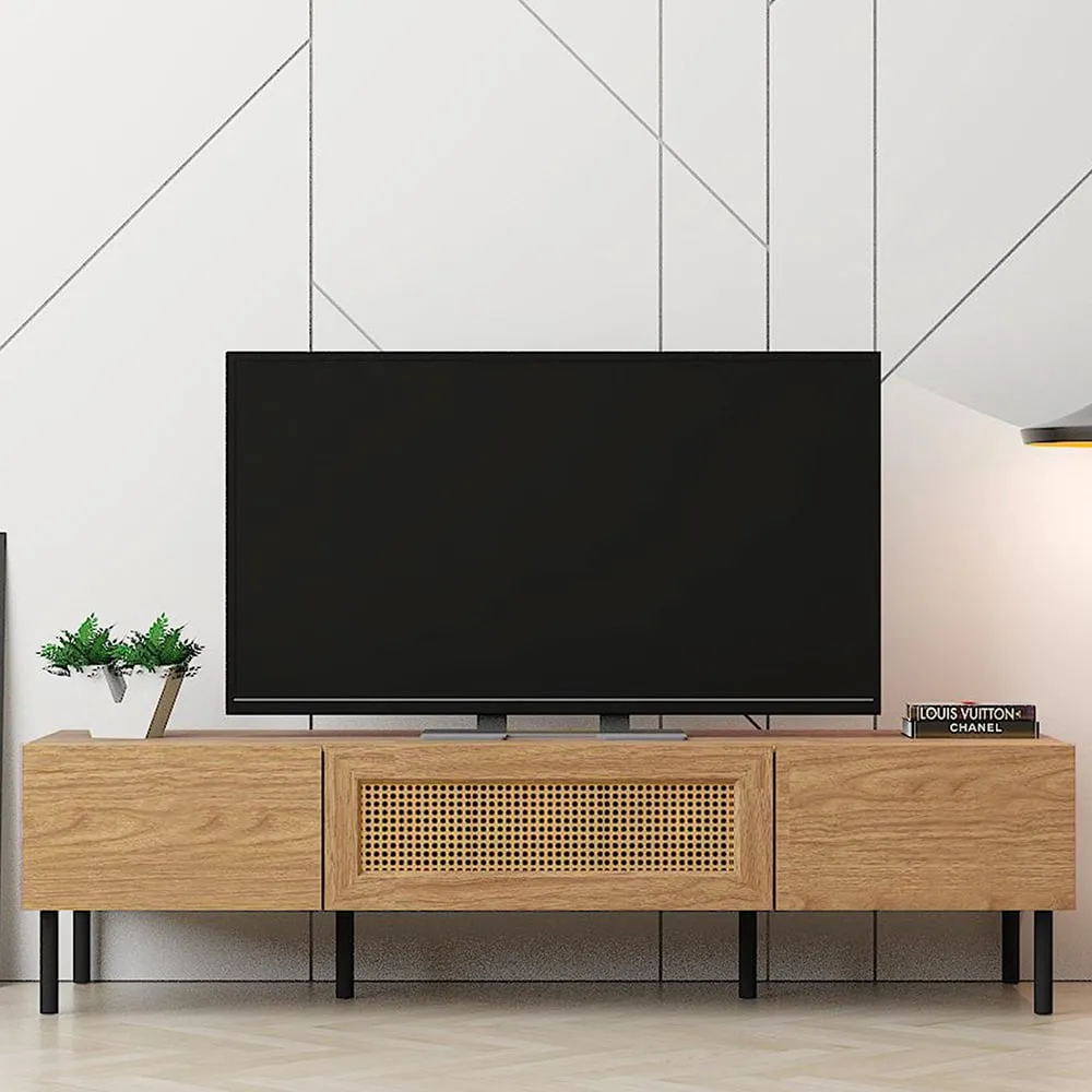 LV51 2 Door TV Unit with Rattan - Mid Oak