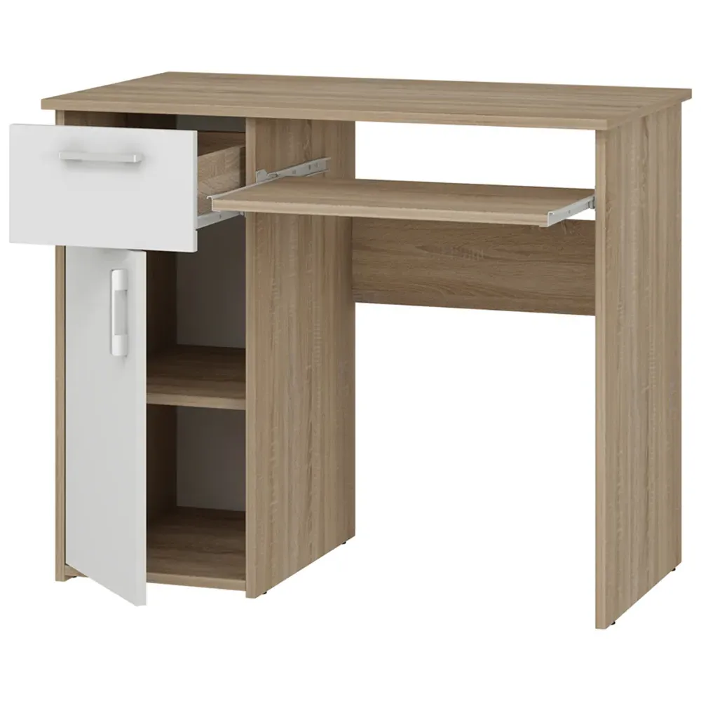 Maja Single Door Computer Desk with Pull Out Tray - Oak, White