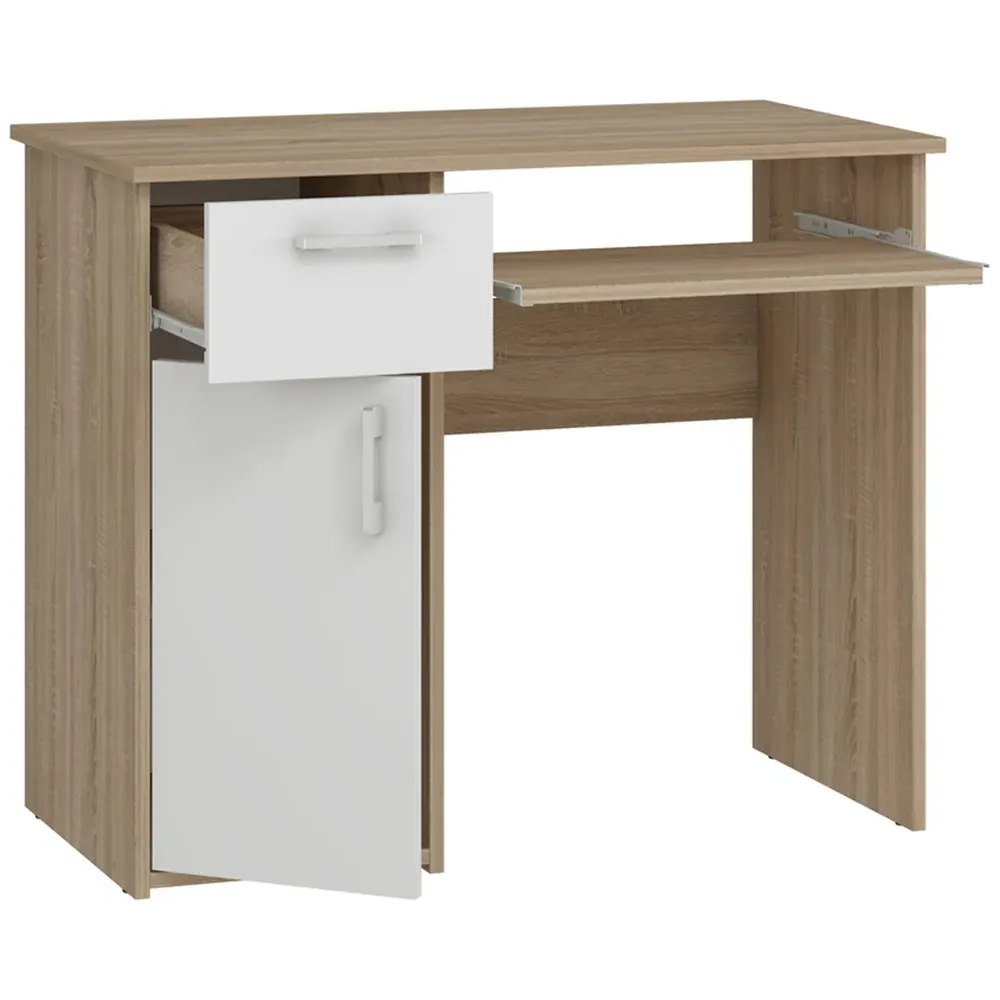 Maja Single Door Computer Desk with Pull Out Tray - Oak, White