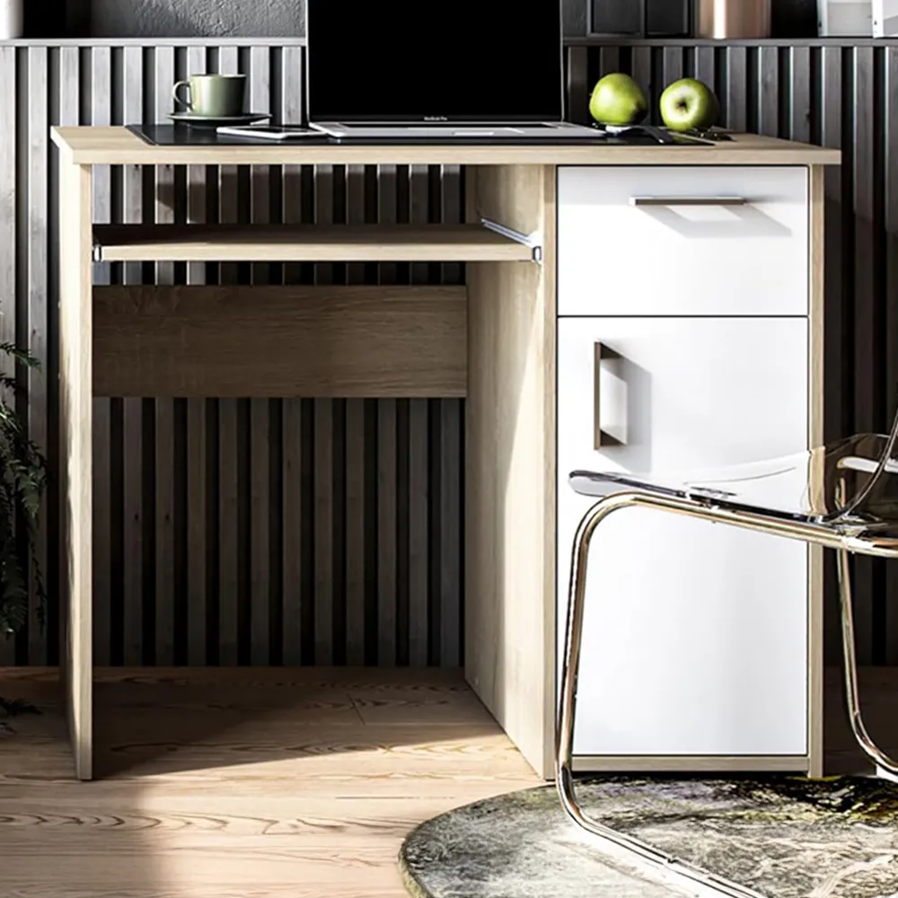 Maja Single Door Computer Desk with Pull Out Tray - Oak, White
