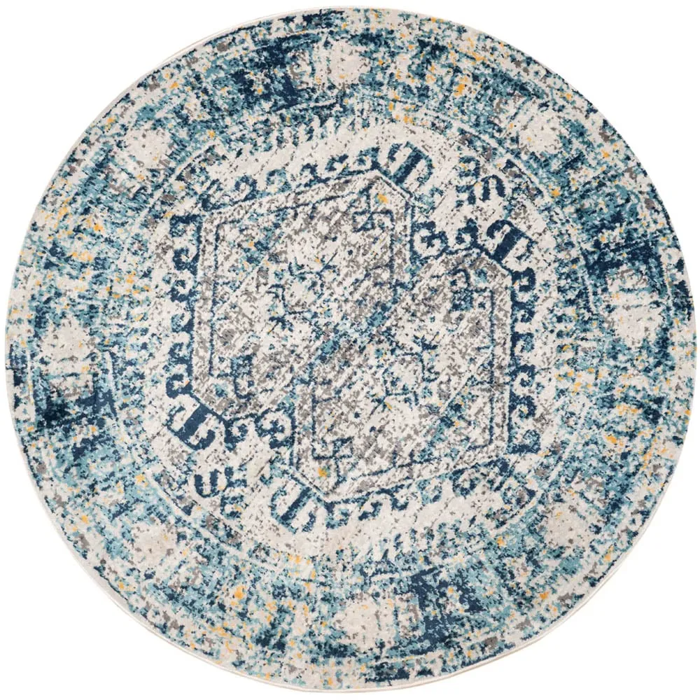 160cm Bordered Geometric Distressed Rug - Navy Blue, Polypropylene