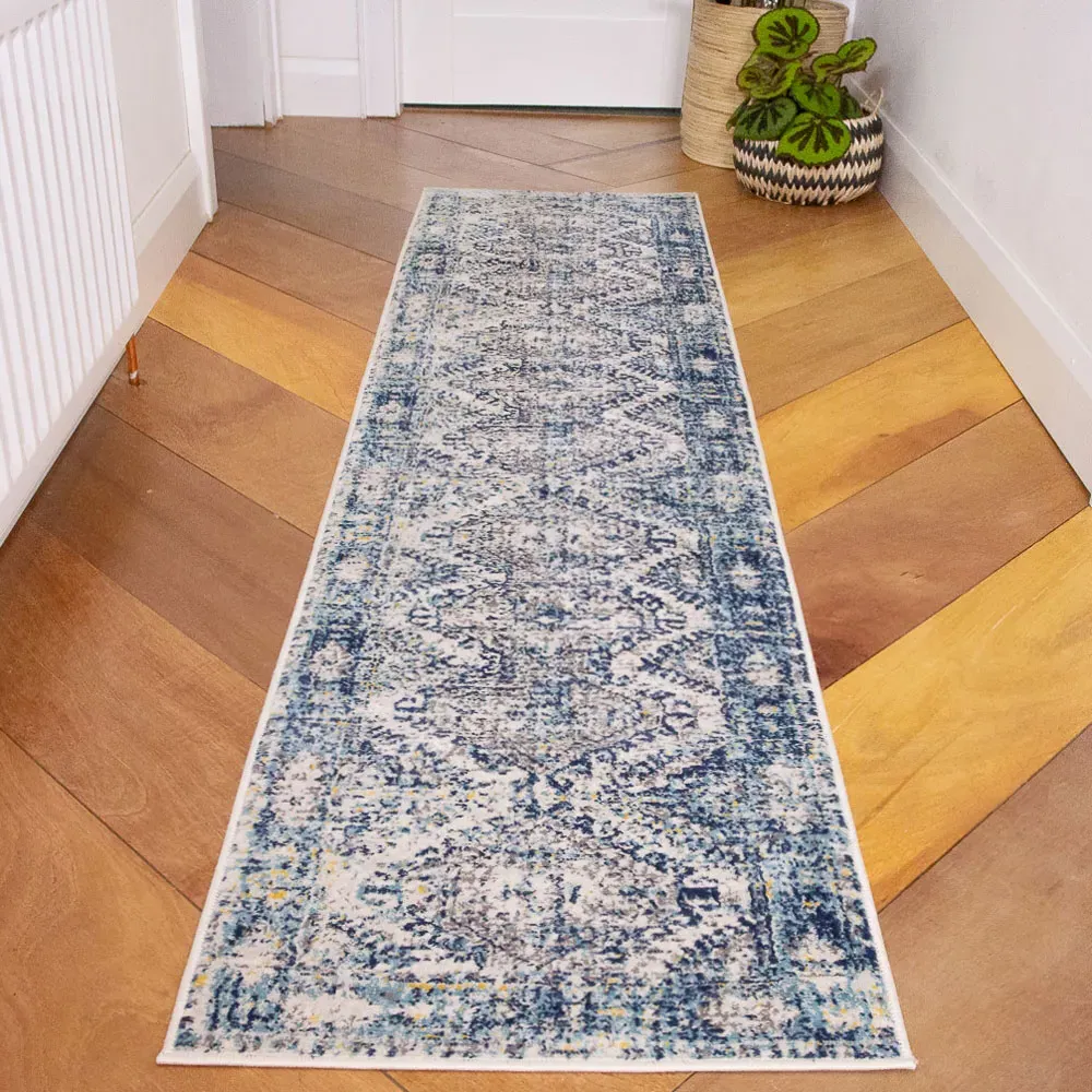 240 x 60cm Bordered Geometric Distressed Rug - Navy Blue, Polypropylene