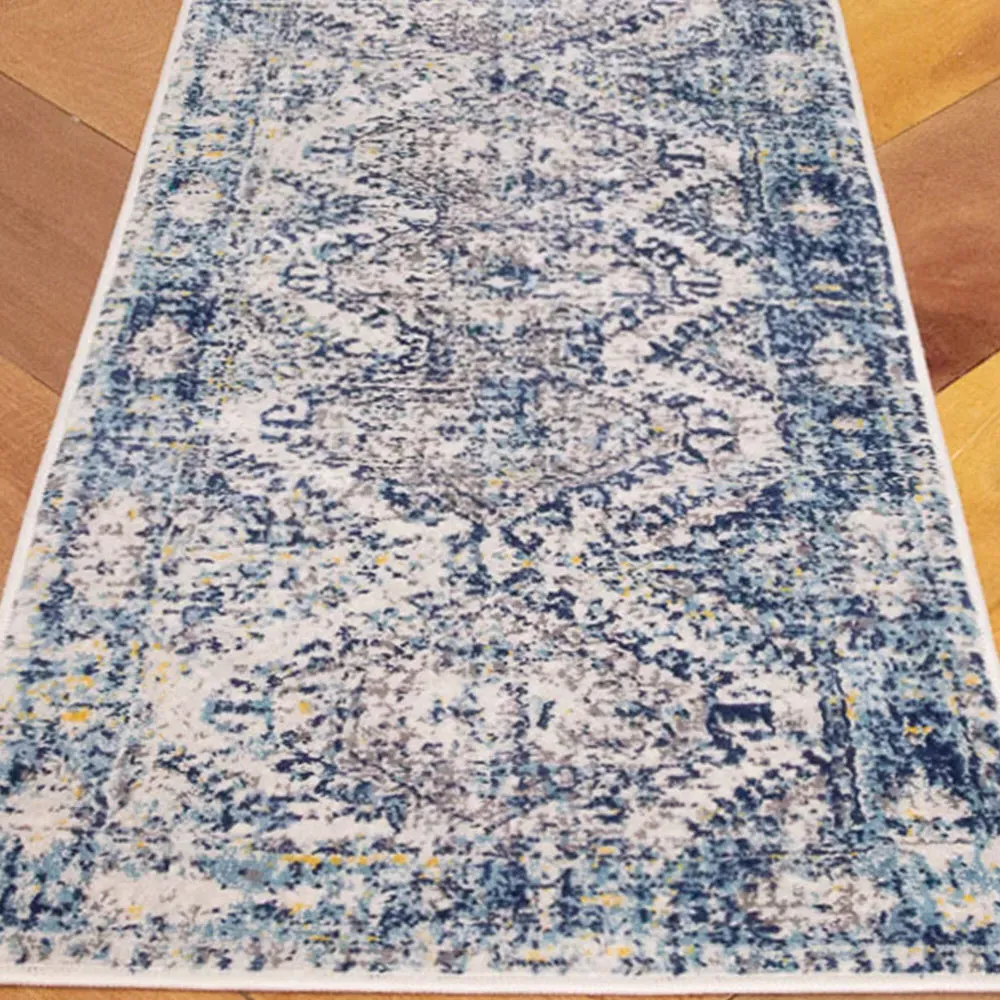 240 x 60cm Bordered Geometric Distressed Rug - Navy Blue, Polypropylene