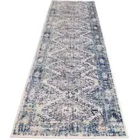 240 x 60cm Bordered Geometric Distressed Rug - Navy Blue, Polypropylene
