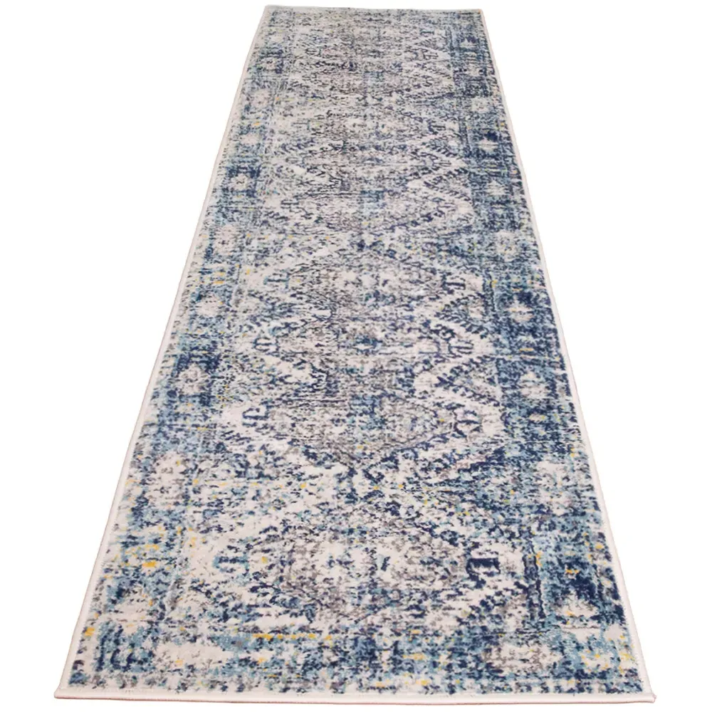 240 x 60cm Bordered Geometric Distressed Rug - Navy Blue, Polypropylene