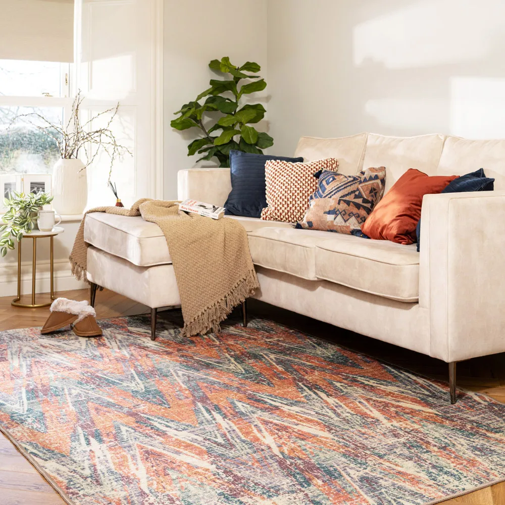 Abstract Soft Chenille Washable Rug - Beige, Multicolour