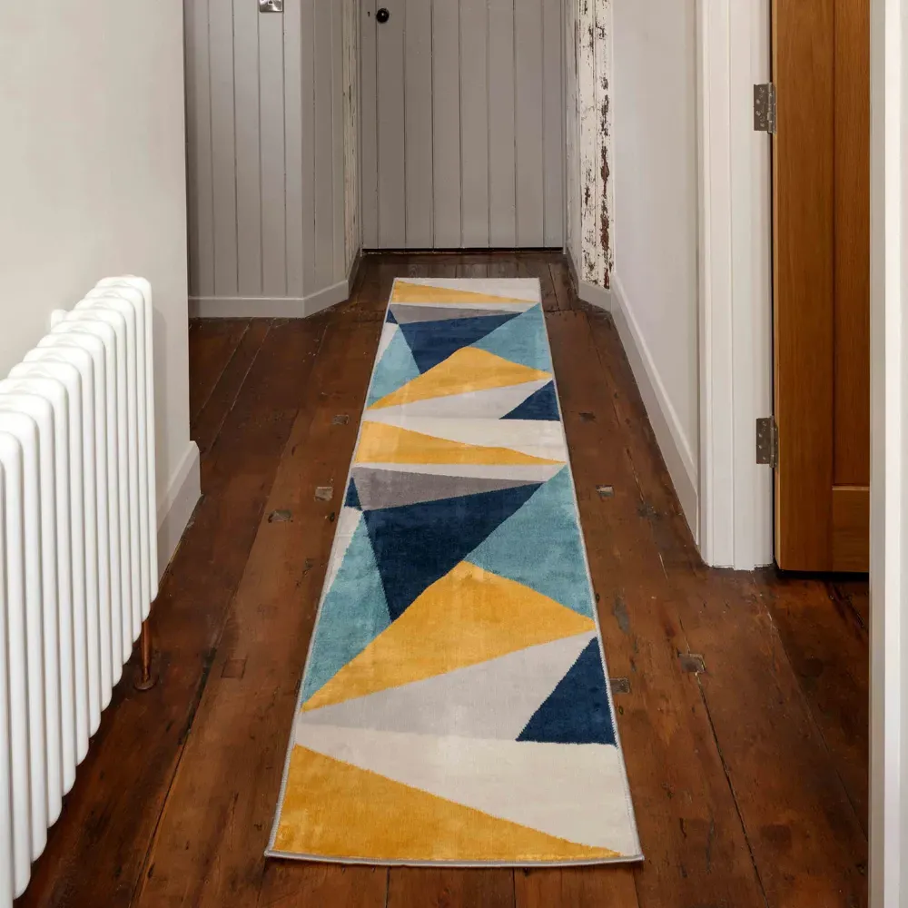 Blue and Ochre Bold Geometric Rug - Blue, Polypropylene
