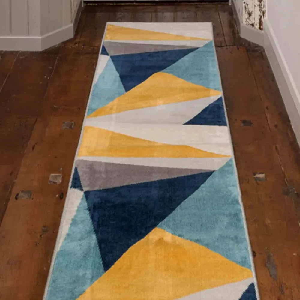 Blue and Ochre Bold Geometric Rug - Blue, Polypropylene