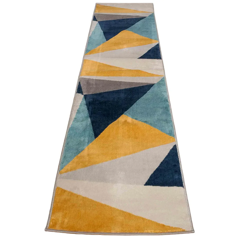 Blue and Ochre Bold Geometric Rug - Blue, Polypropylene