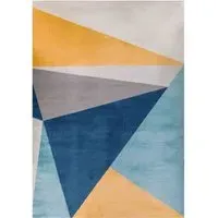 Blue and Ochre Bold Geometric Rug - Grey, Polypropylene