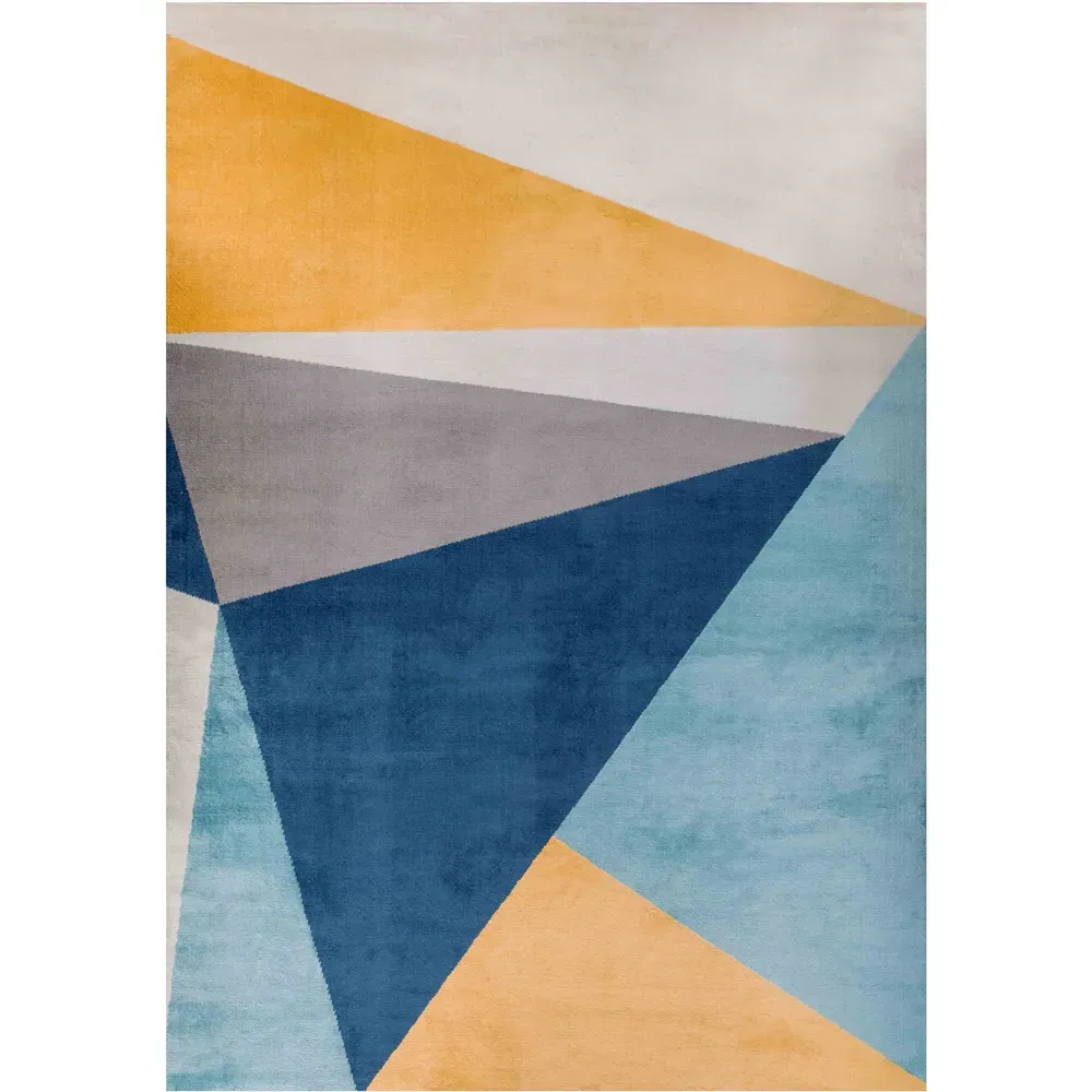 Blue and Ochre Bold Geometric Rug - Grey, Polypropylene