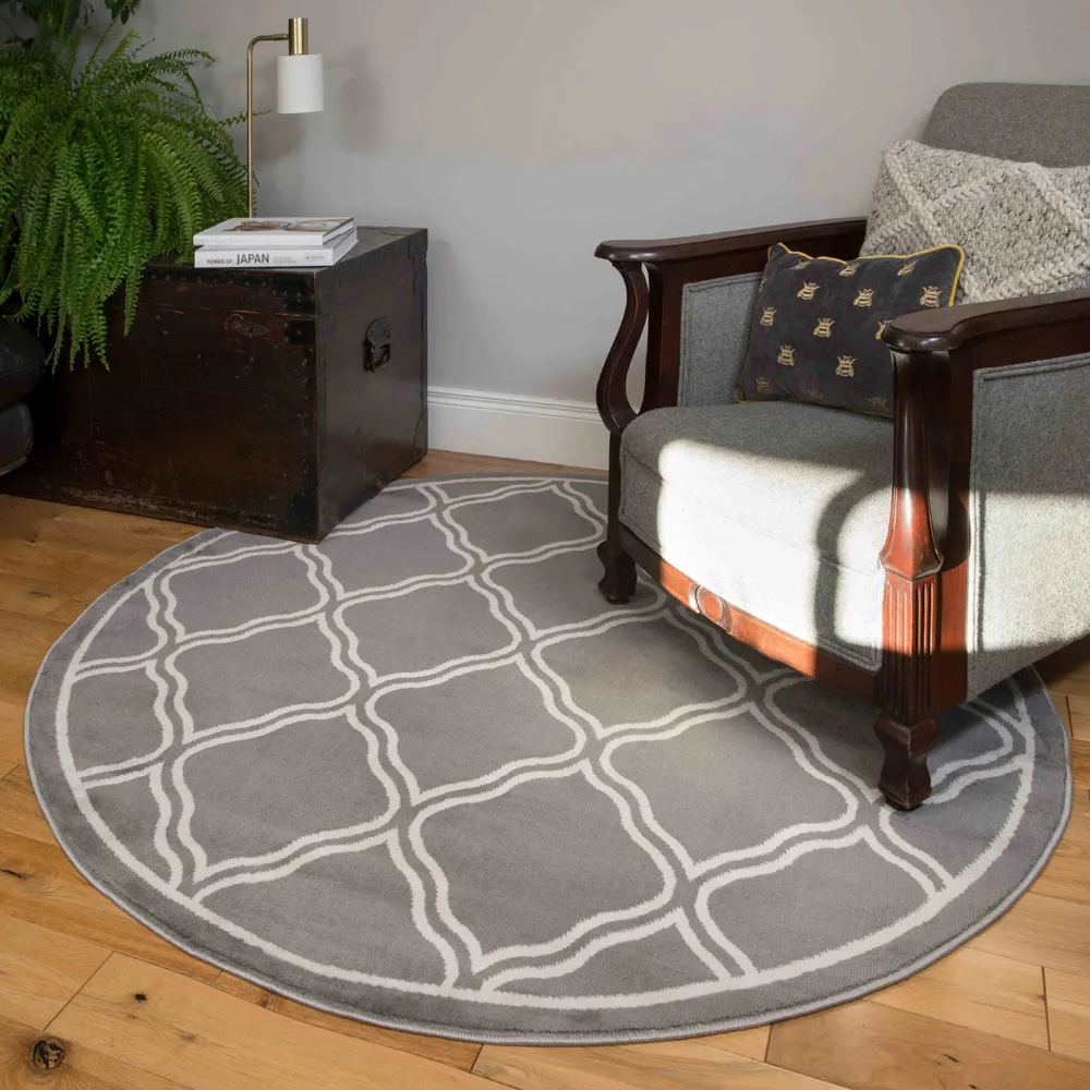 Bordered Geometric Trellis Rug 120cm - Grey