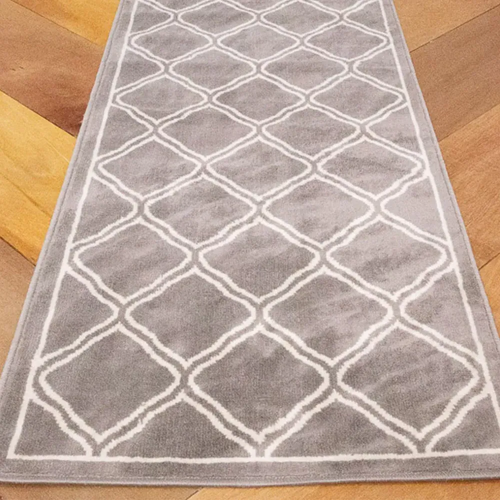 Bordered Geometric Trellis Rug 240 x 60cm - Grey