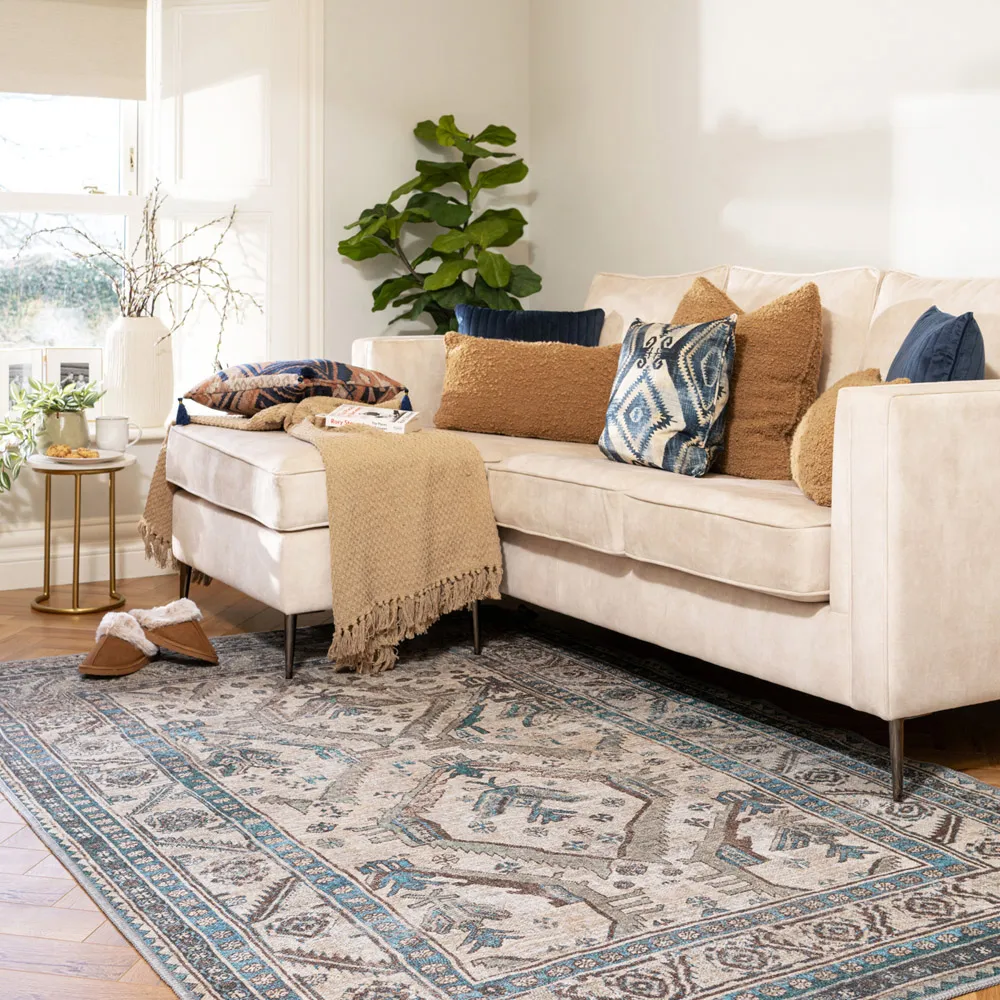 Bordered Medallion Washable Rug - Beige Grey