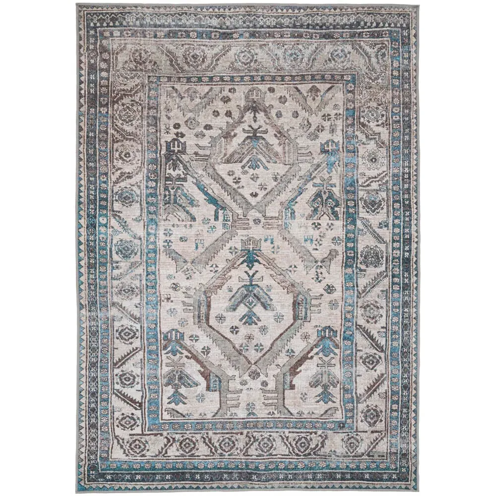Bordered Medallion Washable Rug - Beige Grey