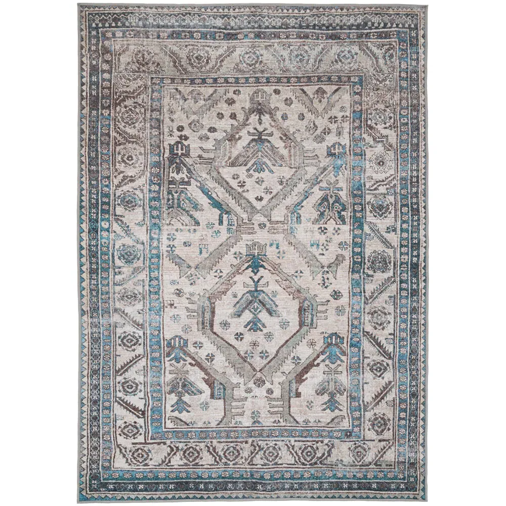 Bordered Medallion Washable Rug - Beige Grey