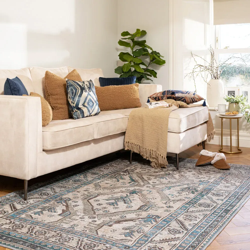 Bordered Medallion Washable Rug - Beige Grey