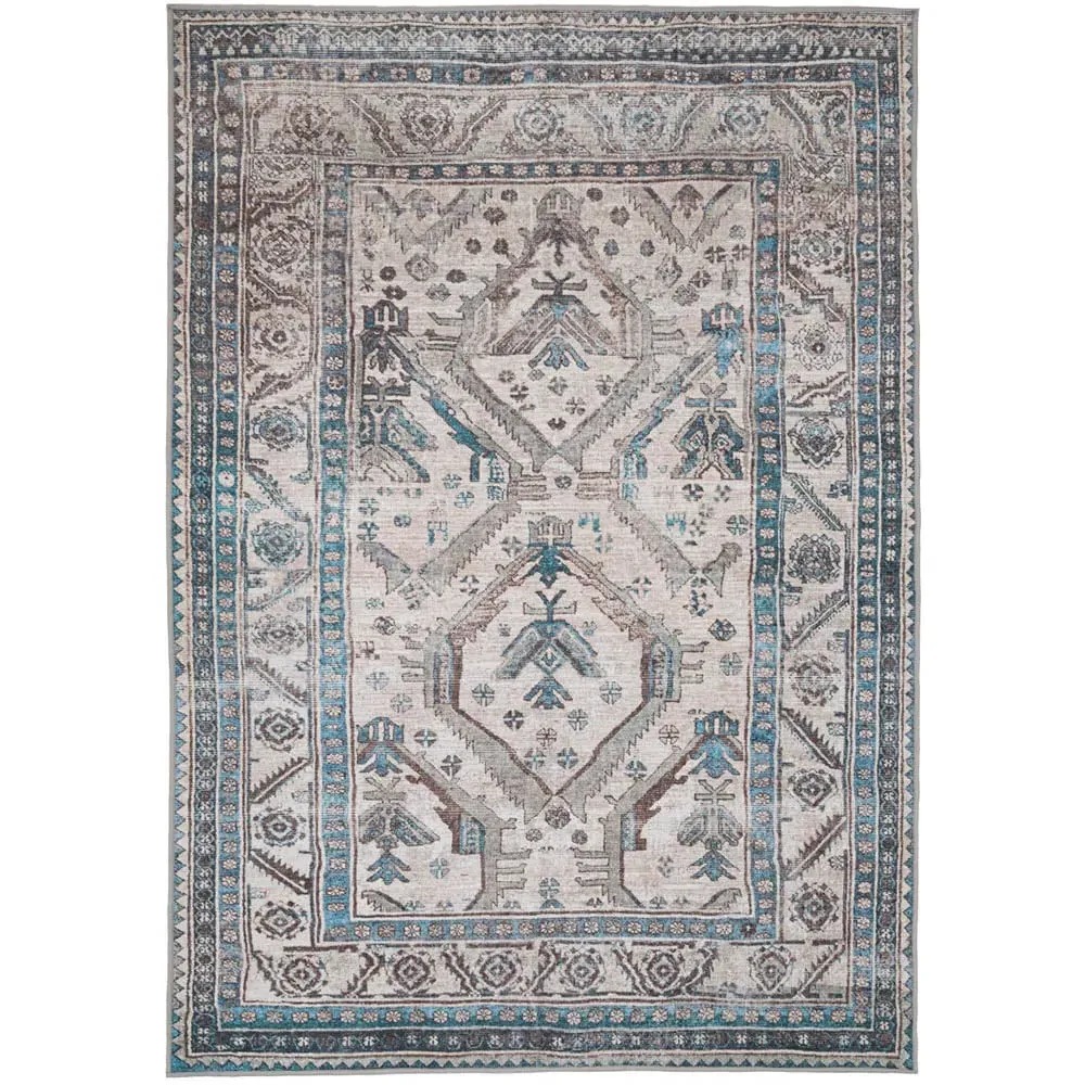 Bordered Medallion Washable Rug - Beige Grey image