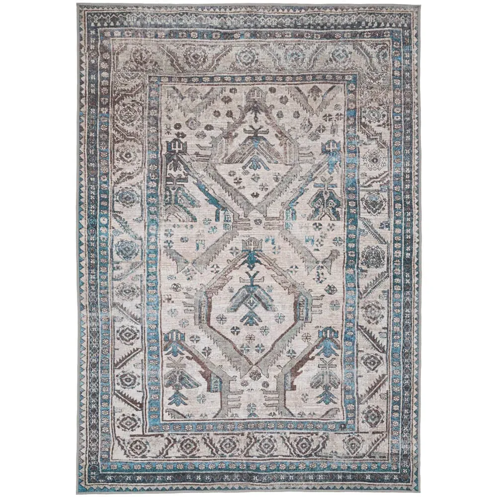 Bordered Medallion Washable Rug - Beige Grey