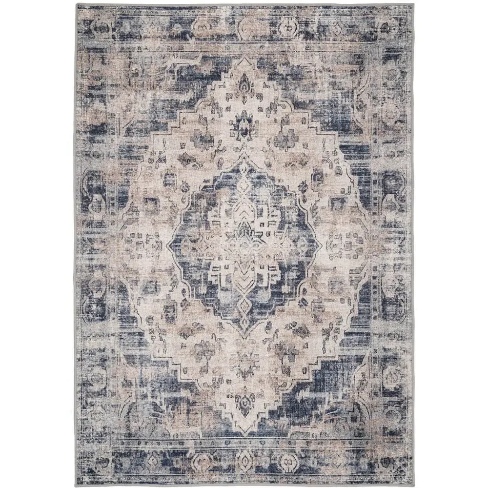 Distressed Medallion Washable Rug - Beige Blue