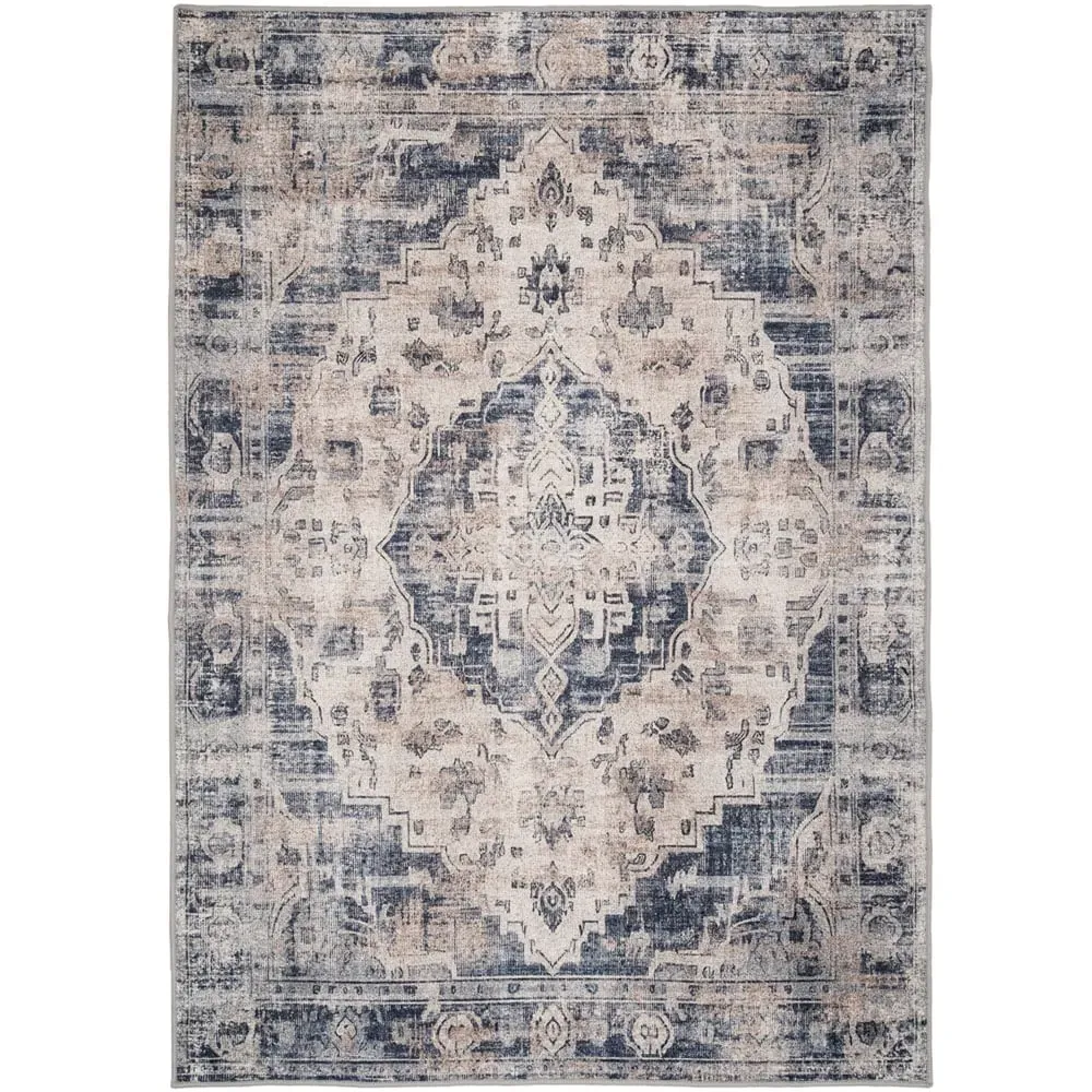 Distressed Medallion Washable Rug - Beige Blue