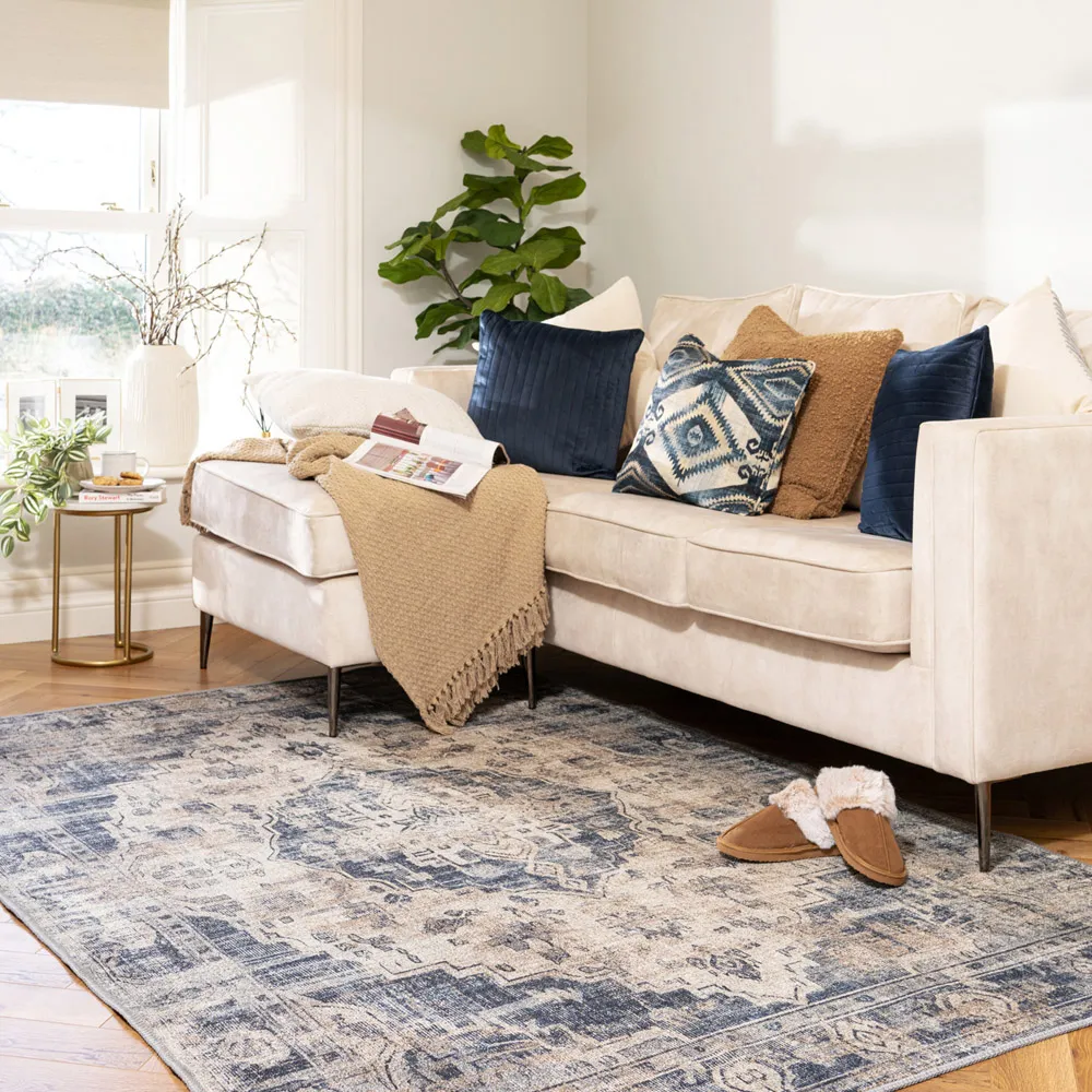 Distressed Medallion Washable Rug - Beige Blue