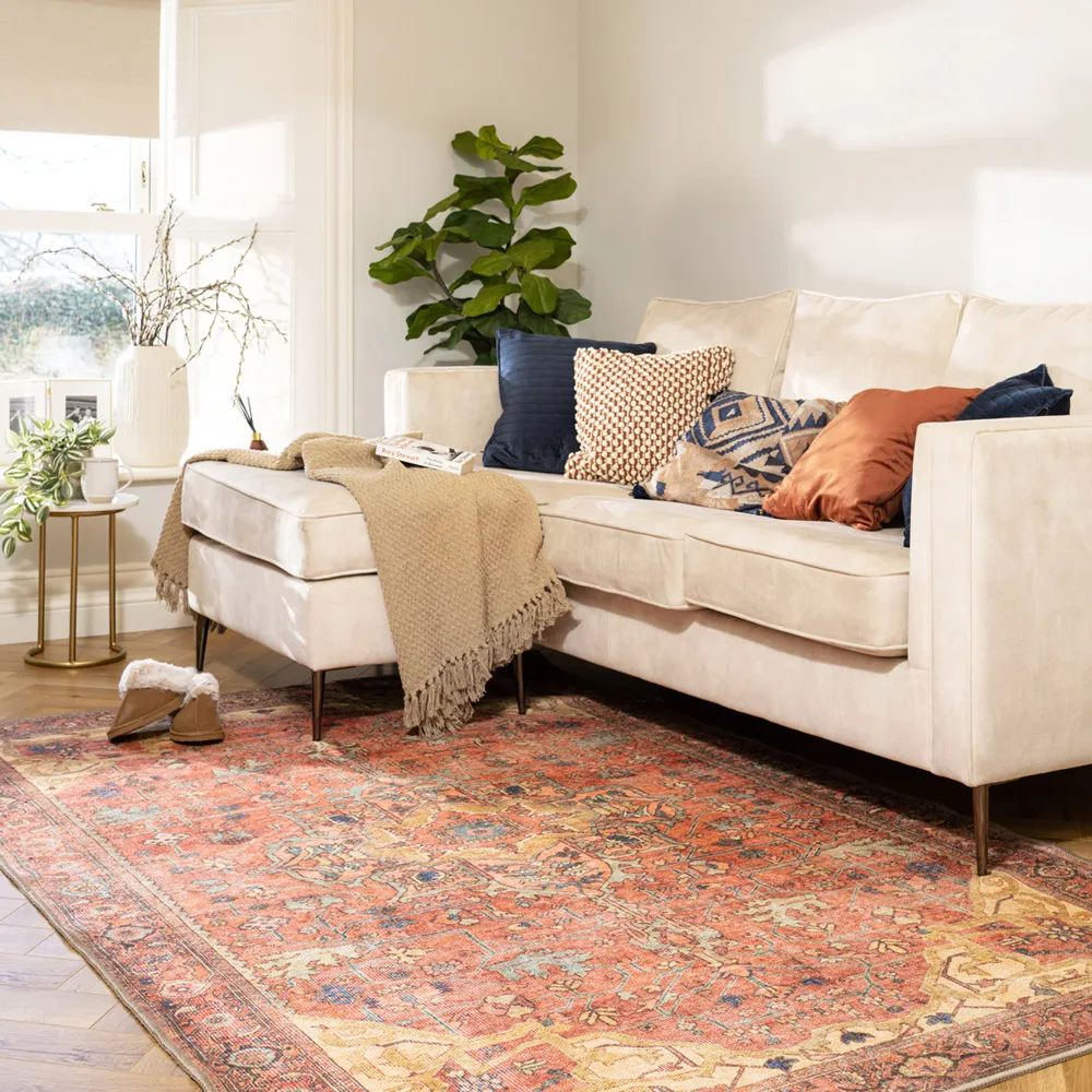 Distressed Persian Inspired Washable Rug - Gold Coral