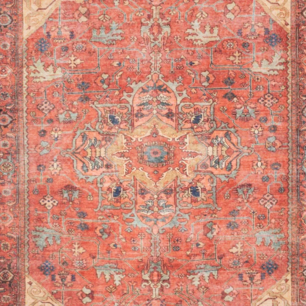 Distressed Persian Inspired Washable Rug - Gold Coral