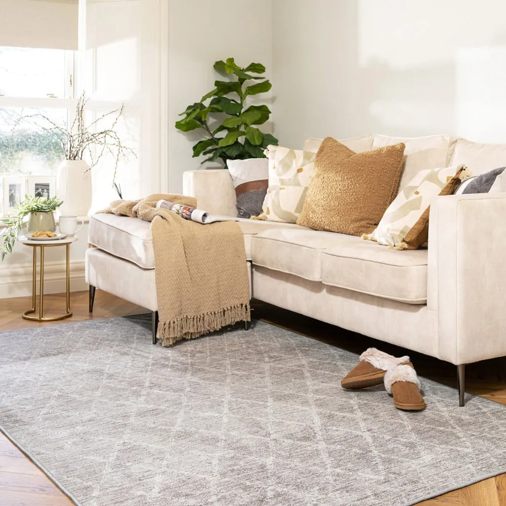Geometric Trellis Washable Rug - Beige Grey