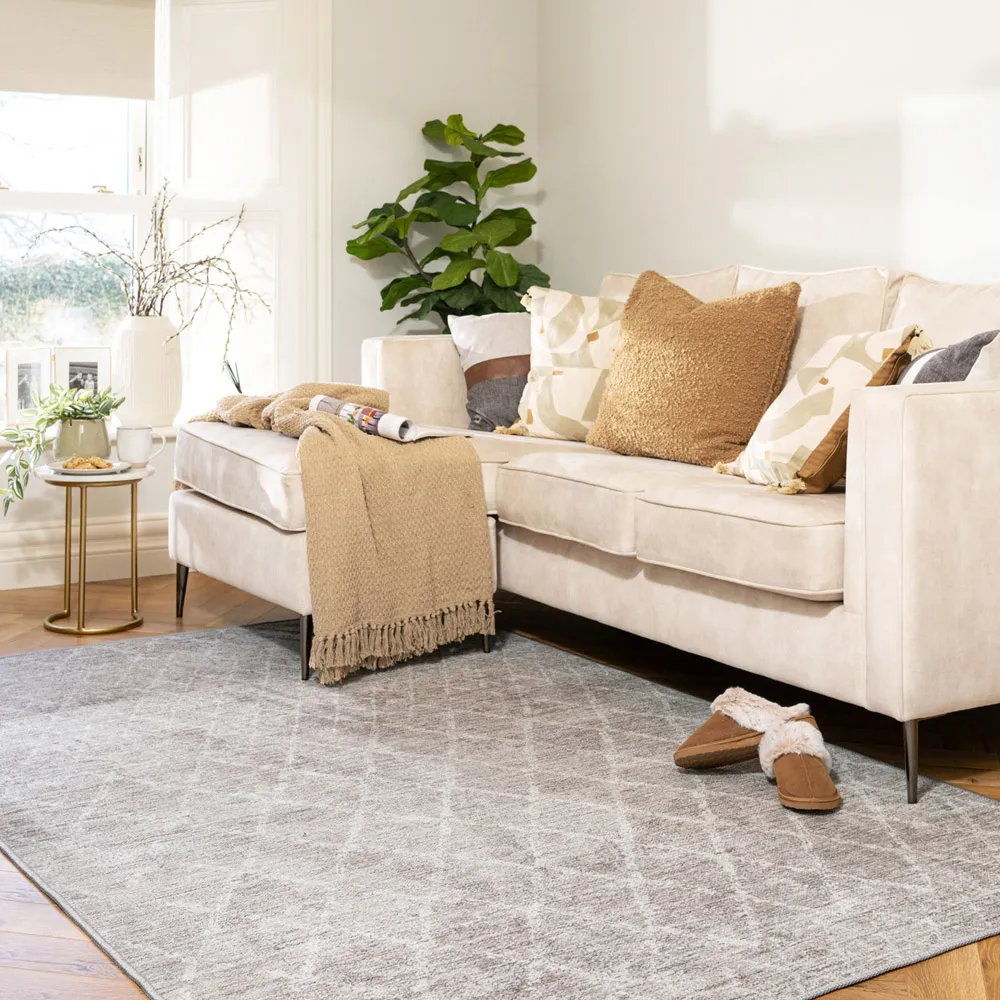 Geometric Trellis Washable Rug - Beige Grey