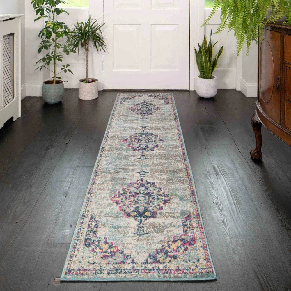 Multicolour Medallion Runner Rug 240 x 60cm - Grey, Polypropylene