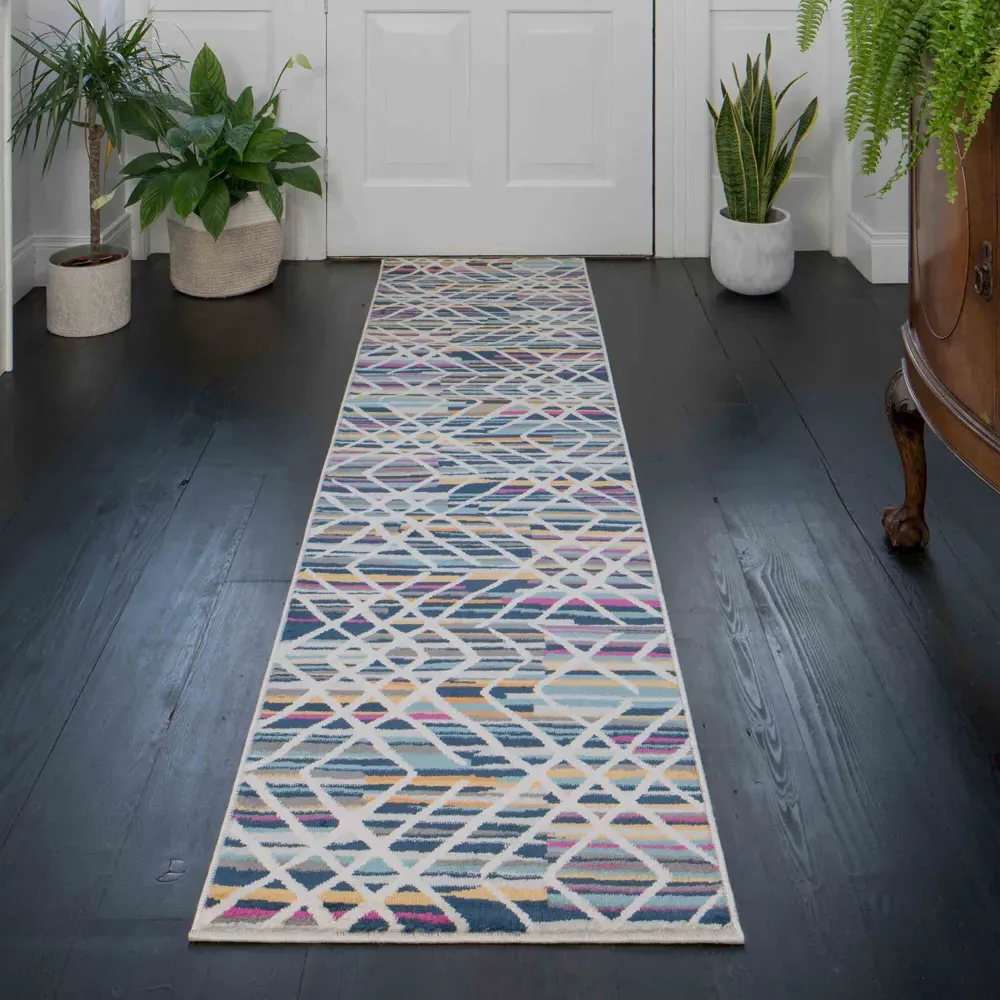 Multicolour Striped Geometric Rug - Blue