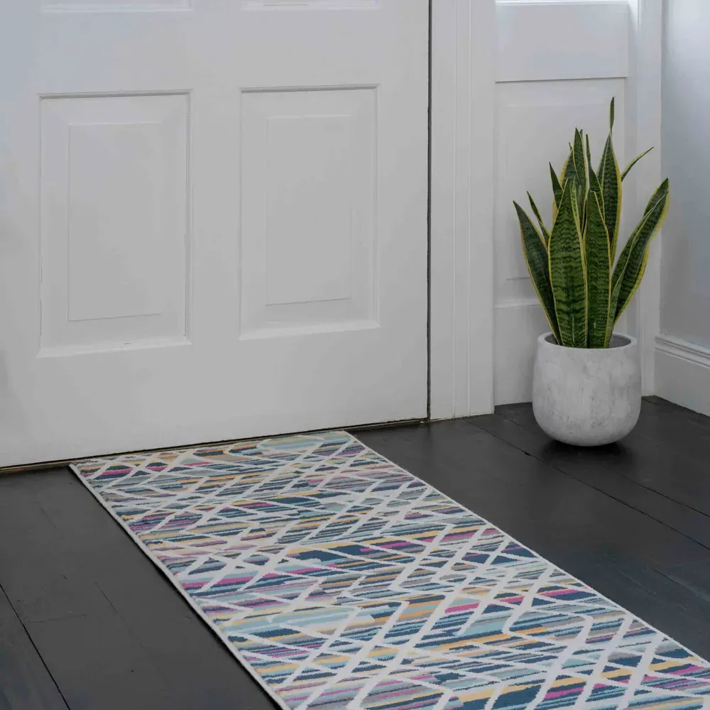 Multicolour Striped Geometric Rug - Blue