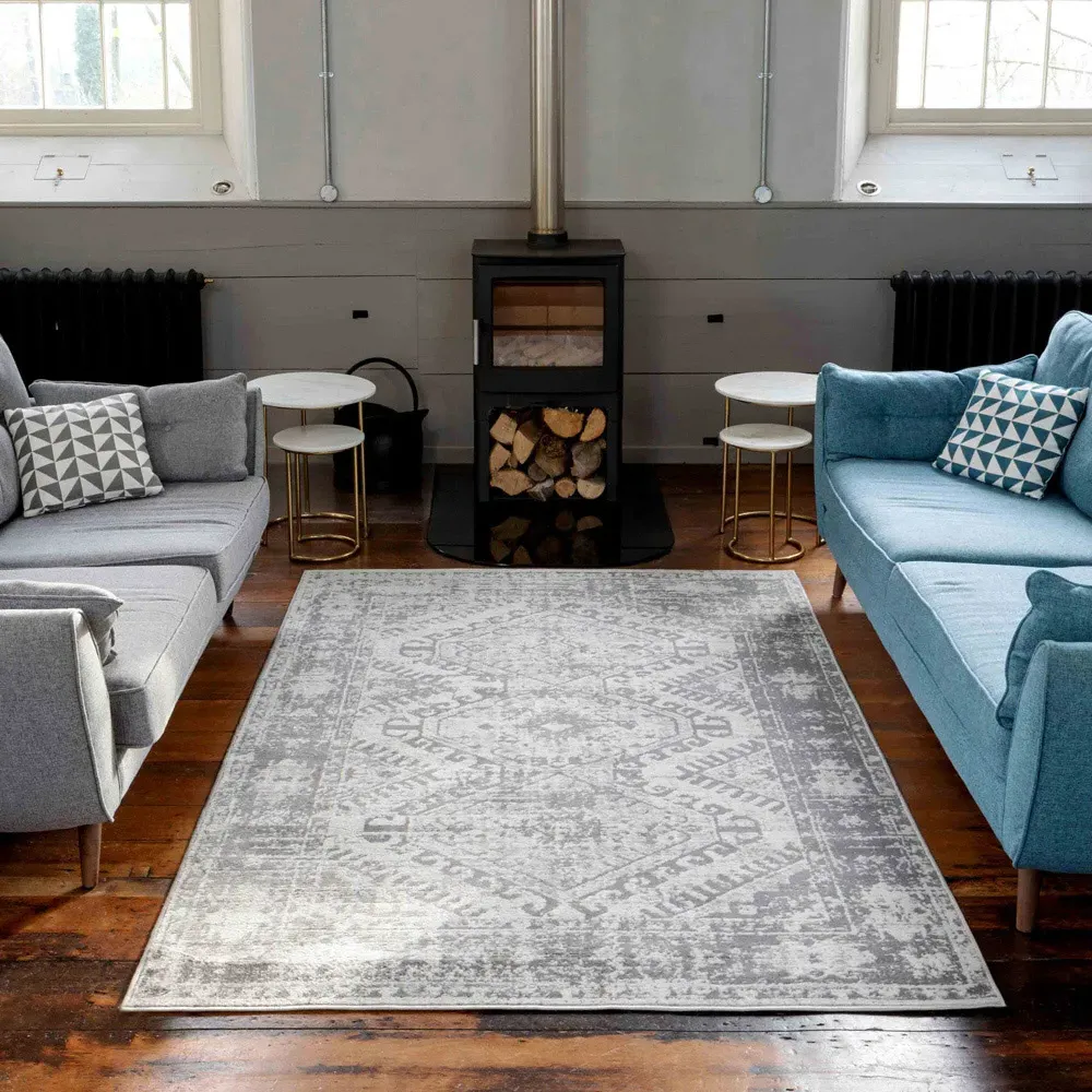 Silver and Grey Bordered Geometric Distressed Rug - Yellow