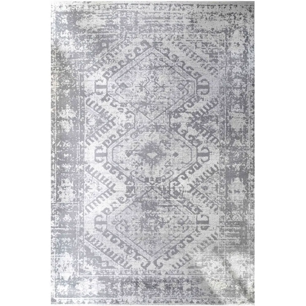 Silver and Grey Bordered Geometric Distressed Rug - Yellow image
