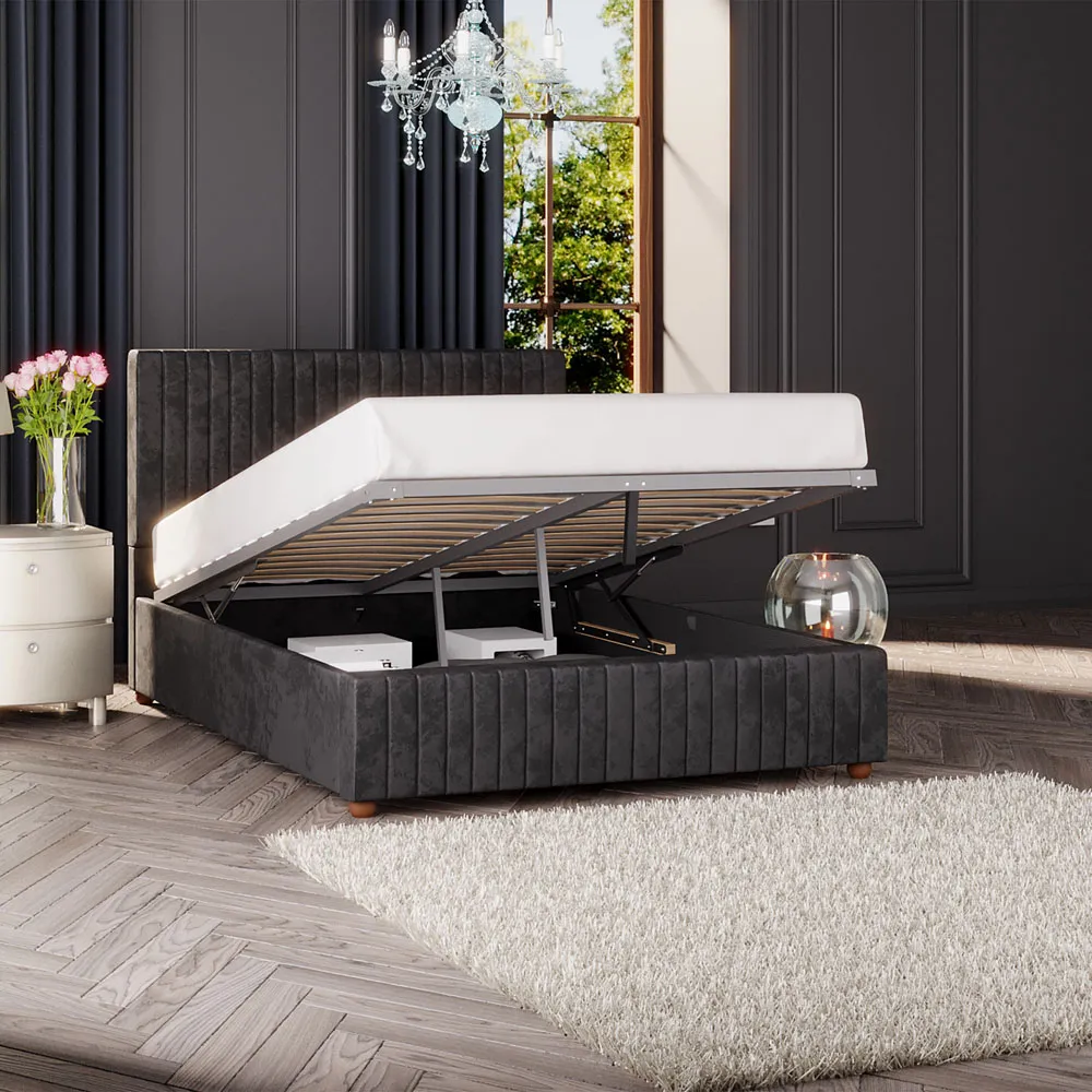 Estella Double Mirazzi Ottoman Bed with Storage - Black, Velvet