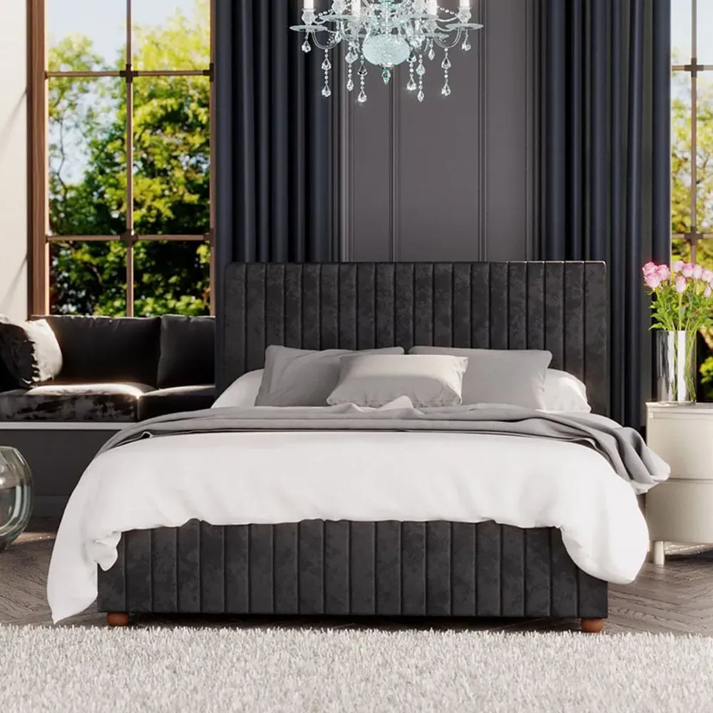 Estella Double Mirazzi Ottoman Bed with Storage - Black, Velvet