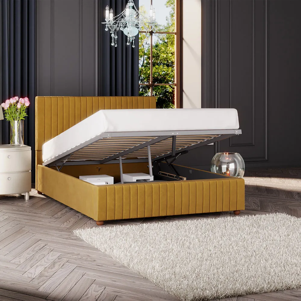 Estella Double Ottoman Bed with Storage - Ochre, Velvet