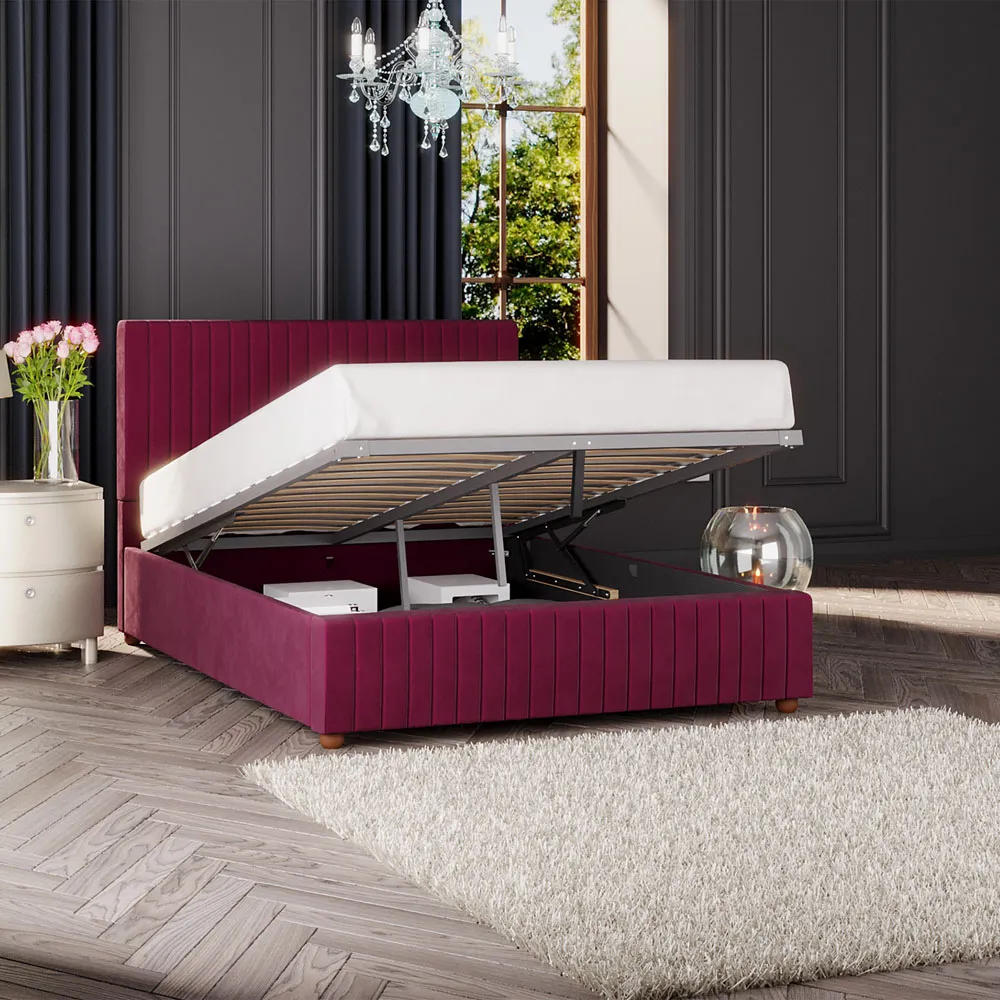 Estella Single Ottoman Bed with Storage - Berry, Velvet