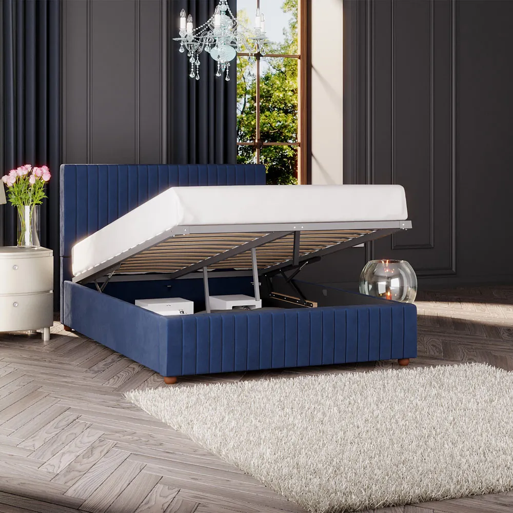 Estella Super King Size Ottoman Bed with Storage - Navy, Velvet
