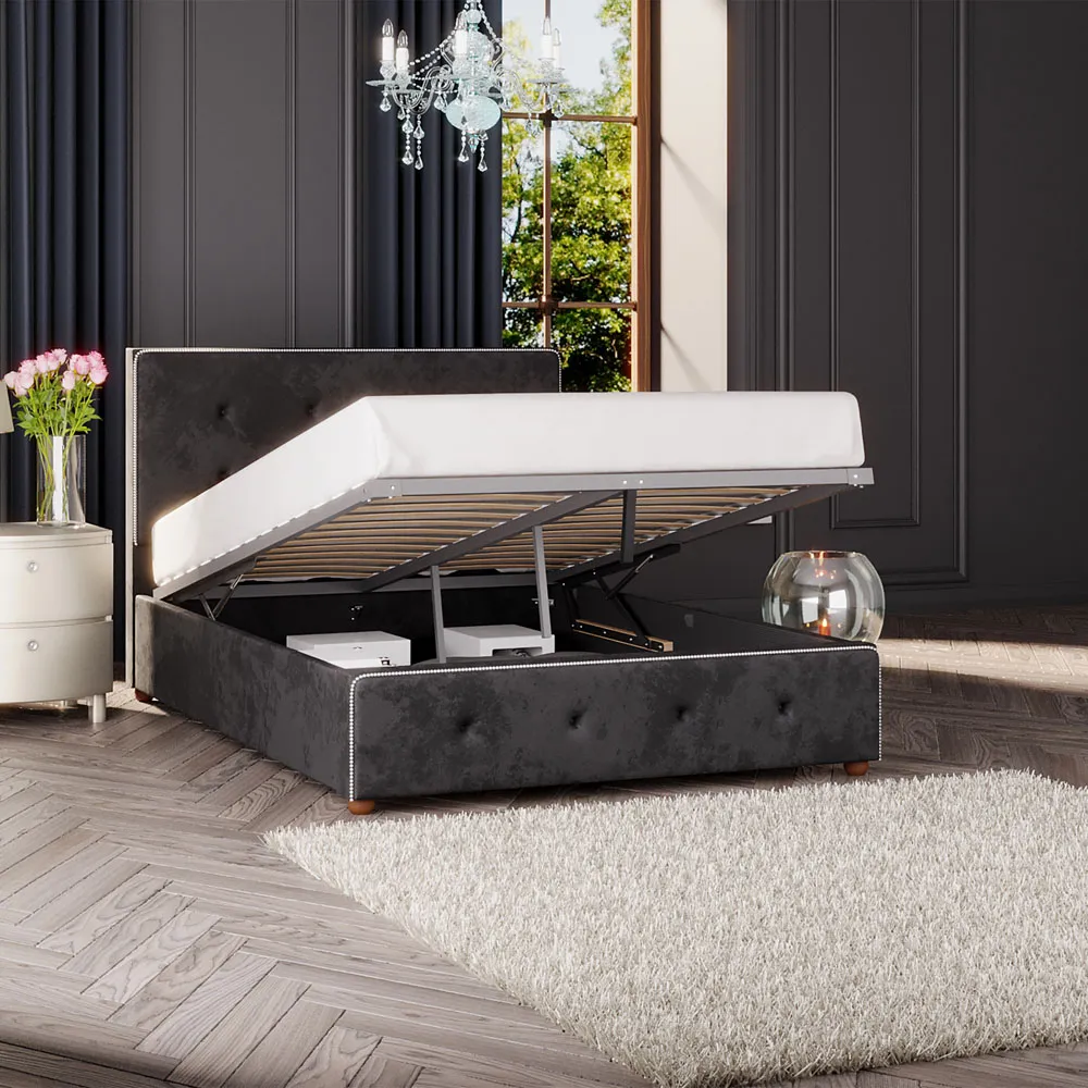 Hesper Double Ottoman Bed with Storage - Black, Velvet