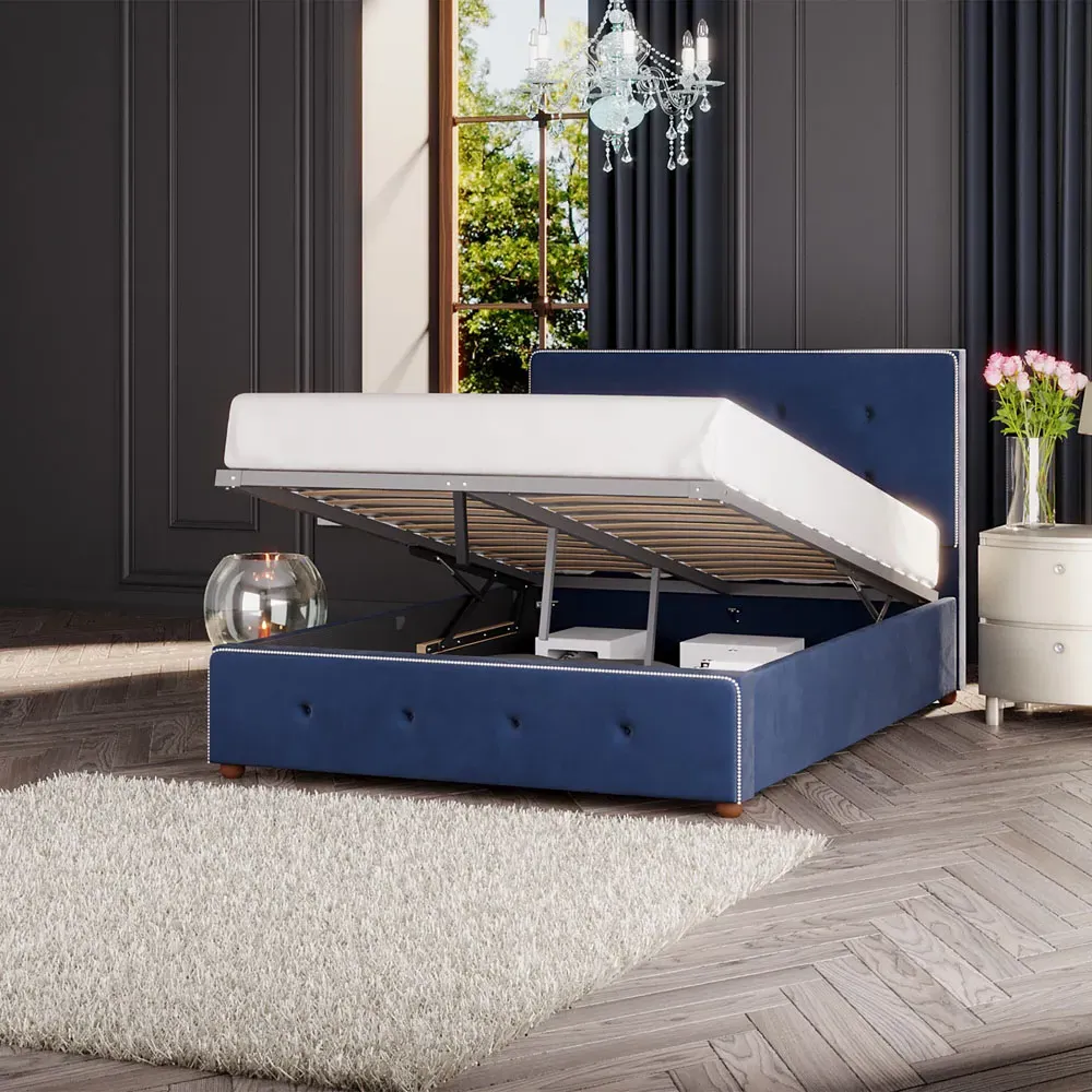 Hesper Single Ottoman Bed with Storage - Navy, Velvet