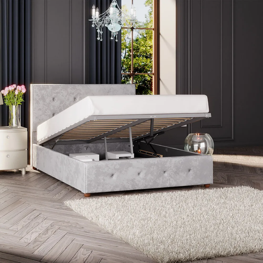 Hesper Super King Size Ottoman Bed with Storage - Silver, Velvet