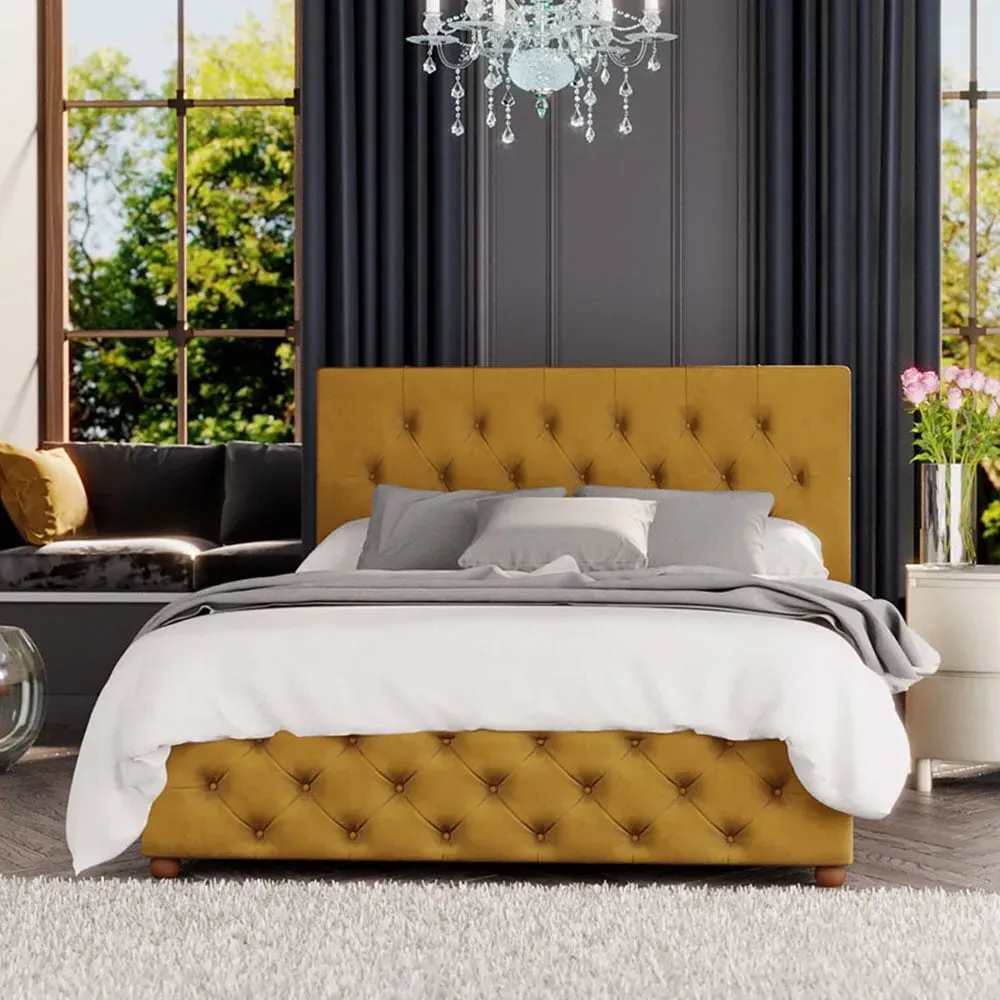 Luna Double Ottoman Bed with Storage - Ochre, Velvet