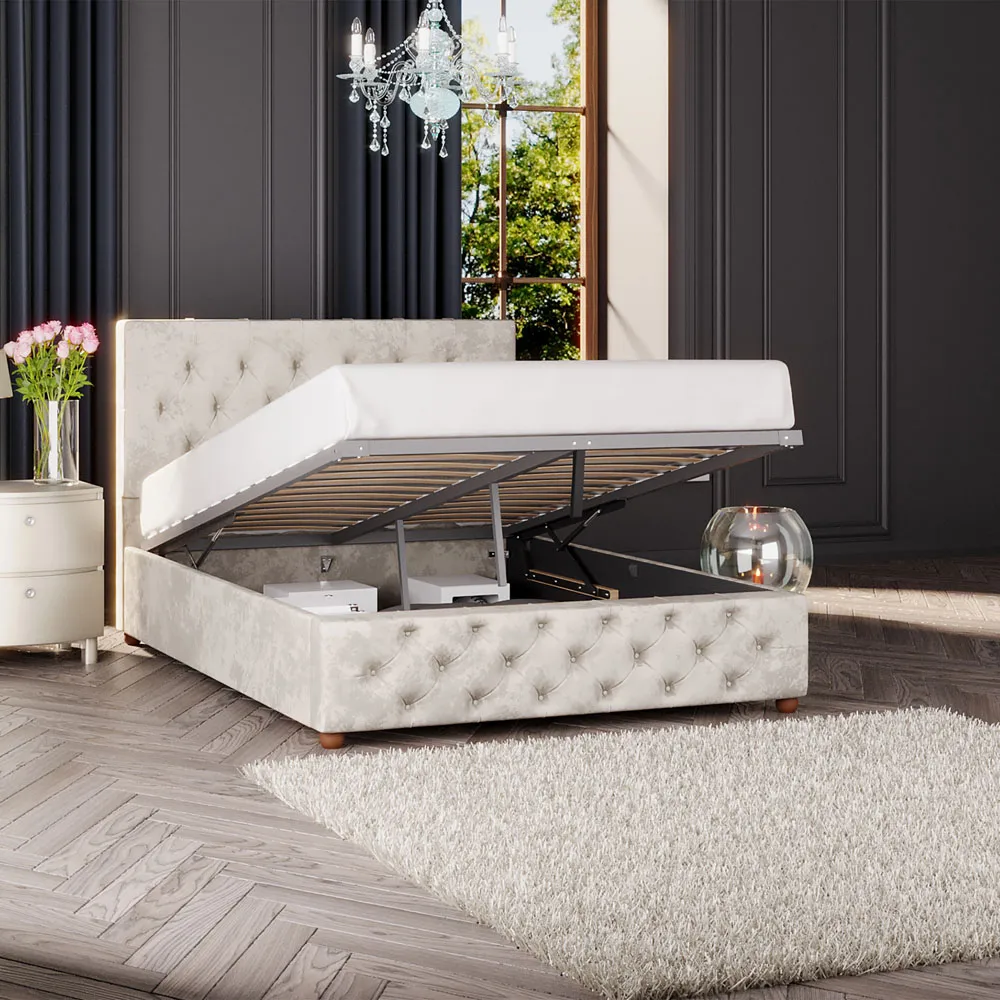 Luna Double Ottoman Bed with Storage - Pearl, Velvet