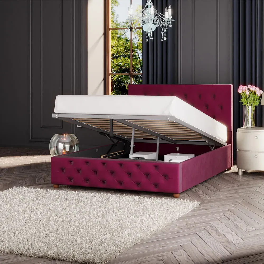 Luna King Size Ottoman Bed with Storage - Berry, Velvet